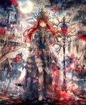  1girl anklet armor army artist_request bat boots bracelet city clock clock_tower collar cracked_floor crown dress frills glowing glowing_eyes gold_trim horns house jewelry lamppost moon necropolis_queen night official_art puffy_sleeves red_eyes redhead shadowverse shield skeleton skull staff swarm sword thigh-highs thigh_boots tower tree weapon 