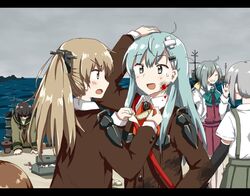  6+girls ahoge any_(lucky_denver_mint) aqua_eyes aqua_hair arm_warmers asashimo_(kantai_collection) ascot bandaid bangs black_hair blazer blood blood_on_face blue_eyes blunt_bangs blush bow bowtie braid brown_hair buttons closed_eyes clouds cloudy_sky collared_shirt commentary_request dirty_clothes dress eyebrows_visible_through_hair green_eyes green_hair grey_hair grin hair_between_eyes hair_ornament hair_over_one_eye hair_over_shoulder hairclip hand_on_own_head high_ponytail injury jacket kantai_collection kasumi_(kantai_collection) kitakami_(kantai_collection) kumano_(kantai_collection) long_hair long_sleeves machinery multiple_girls neckerchief ocean ooi_(kantai_collection) pleated_skirt ponytail ribbon rigging school_uniform serafuku shirt short_sleeves sidelocks silver_hair single_braid skirt sky sleeveless sleeveless_dress smile suspenders suzuya_(kantai_collection) sweatdrop teeth toolbox water white_shirt 