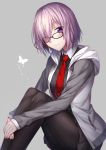  1girl black_legwear breasts butterfly fate/grand_order fate_(series) glasses grey_background hair_over_one_eye highres hood hoodie knees_to_chest luzi necktie pantyhose purple_hair red_necktie shielder_(fate/grand_order) short_hair smile solo violet_eyes 