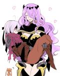  2girls ahoge armor berka_(fire_emblem_if) black_armor black_panties boots breasts camilla_(fire_emblem_if) capelet carrying cleavage closed_eyes expressionless fire_emblem fire_emblem_if hair_over_one_eye highres knee_boots large_breasts long_hair luna_(fire_emblem_if) multiple_girls open_mouth panties princess_carry simple_background smile thigh-highs thigh_boots thighs torisudesu underwear 