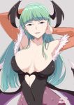  1girl arms_up bangs bat_wings black_leotard blue_eyes breasts covered_navel demon_girl green_hair grey_background head_wings heart_cutout kichihachi large_breasts leotard long_hair looking_at_viewer morrigan_aensland pantyhose parted_lips purple_legwear simple_background smile solo strapless strapless_leotard succubus upper_body vampire_(game) wings 