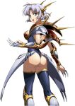  1girl :d armor ass black_legwear black_leotard blue_eyes breasts claw_(weapon) faulds from_behind full_body hairband highleg highleg_leotard highres langrisser langrisser_ii leotard looking_at_viewer looking_back medium_breasts official_art sherry_(langrisser) shiny shiny_clothes shiny_hair shiny_legwear short_hair shoulder_blades sideboob silver_hair smile solo standing thigh-highs transparent_background weapon yellow_hairband 