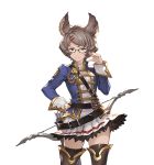  1girl adjusting_glasses animal_ears bag bangs belt bow_(weapon) breasts brown_hair detached_sleeves erun_(granblue_fantasy) glasses granblue_fantasy grey_eyes hair_ornament hairclip hand_on_hip jacket looking_at_viewer medium_breasts minaba_hideo mole mole_under_mouth official_art quiver school_uniform serious skirt solo sutera_(granblue_fantasy) thigh-highs transparent_background weapon zettai_ryouiki 