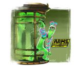  arms_(game) blue_hair broken_glass dna_man_(arms) glass goggles green_background helix_(arms) highres jar logo long_arms multicolored_hair official_art open_mouth purple_hair simple_background solo 