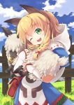  animal animal_ears bag bell blonde_hair blue_dress blush braid cat_ears commentary_request dress extra_ears flower grass green_eyes holding holding_animal kdc_(koineko) looking_at_viewer meowstress monster_hunter monster_hunter_x nekojo open_mouth pointy_ears sheep sidelocks smile 