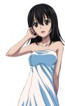  1girl :d arm_behind_back black_hair breasts brown_eyes cleavage collarbone hand_in_hair himeragi_yukina long_hair looking_at_viewer naked_towel open_mouth smile solo standing strike_the_blood towel transparent_background white_towel 