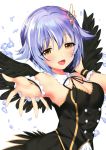  1girl :d absurdres armpits black_dress black_ribbon black_wings blush breasts cleavage crystal detached_collar dress feathered_wings hair_ornament hairclip hand_on_own_chest highres idolmaster idolmaster_cinderella_girls koshimizu_sachiko lavender_hair matarou_(genkai_toppa) open_mouth orange_eyes ribbon scan short_hair small_breasts smile solo wings wrist_cuffs 