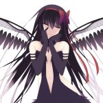  10s 1girl absurdres akemi_homura akuma_homura bare_shoulders black_hair breasts cleavage elbow_gloves gloves hair_ribbon highres long_hair looking_at_viewer mahou_shoujo_madoka_magica mahou_shoujo_madoka_magica_movie medium_breasts misteor navel ribbon sketch smile violet_eyes white_background yandere_trance 