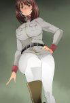  &gt;:) 1girl belt blush breast_pocket breasts brown_eyes brown_hair closed_mouth from_below grey_shirt gundam gundam_lost_war_chronicles hand_on_hip headset highres large_breasts leg_up long_sleeves looking_at_viewer looking_away military military_uniform mobile_suit_gundam noel_anderson nose_blush pantyhose pocket shirt solo uniform white_legwear zinger_(excess_m) 