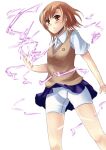  biribiri brown_eyes brown_hair electricity highres hinata_(pixiv) hinata_(pixiv82569) hinata_sora magic misaka_mikoto skirt sweater_vest to_aru_majutsu_no_index vest wind_lift 