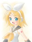  bad_id blonde_hair bow detached_sleeves headset kagamine_rin satogo vocaloid 