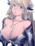  blue_eyes breasts cleavage cow_horns cow_print horns huge_breasts humio jewelry large_breasts long_hair mole necklace open_mouth 