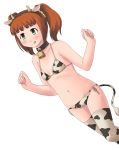  bikini brown_hair cow_print idolmaster side-tie_bikini solo string_bikini swimsuit takatsuki_yayoi thigh-highs thighhighs tongue toshifumi twintails 