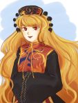  1girl black_dress chinese_clothes dress hair_ornament hat junko_(touhou) lionrion long_hair long_sleeves looking_at_viewer open_mouth orange_hair red_eyes smile solo tabard tagme touhou upper_body wide_sleeves 