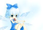  blue_eyes blue_hair bow chibi cirno saitou_takana shrug snow touhou wings 