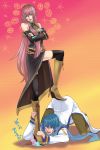  blue_eyes boots crossed_arms femdom food ice_cream kaito knee_boots long_hair megurine_luka nayu pink_hair thigh-highs thighhighs top-down_bottom-up vocaloid 