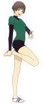  1girl bob_cut brown_eyes brown_hair gake_no_ue_no_ponyo jas looking_at_viewer no_socks open_mouth risa_(ponyo) shoes short_hair simple_background smile sneakers solo standing_on_one_leg studio_ghibli v white_background 