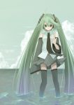  cloud clouds detached_sleeves green_hair hatsune_miku headset highres long_hair necktie skirt sky tahya thigh-highs thighhighs twintails very_long_hair vocaloid water 