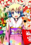  cow_ears fortune japanese_clothes kimono new_year npon515 omikuji two-tone_hair 