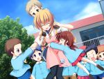  blonde_hair braid carrying child closed_eyes dutch_angle game_cg happy himenohuji_karen hug jpeg_artifacts kindergarten kindergarten_teacher long_hair outdoors pantyhose pre-school purple_eyes school_uniform shoulder_carry sora_wo_tobu_mittsu_no_houhou teacher twin_braids violet_eyes 