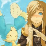  ^_^ bangs blue_eyes blush brown_hair closed_eyes creature gloves hair_over_one_eye long_hair lowres mieu smile tales_of_(series) tales_of_the_abyss tear_grants 