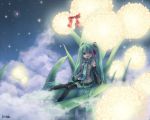  detached_sleeves flower glowing green_eyes hatsune_miku headset kabasawa_kina long_hair necktie sitting skirt sky spring_onion star star_(sky) starry_sky stars thigh-highs thighhighs twintails very_long_hair vocaloid 