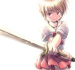  brown_hair original school_uniform serafuku shiyuu short_hair sword weapon 