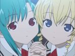  2girls blonde_hair cap hand_holding hayama_kotono saint_october shirafuji_natsuki teal_hair 