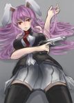  1girl animal_ears arceonn bare_shoulders black_legwear breasts gun large_breasts long_hair necktie on_back pistol pleated_skirt purple_hair rabbit_ears red_eyes reisen_udongein_inaba skirt sleeveless solo thigh-highs touhou trigger_discipline very_long_hair vest weapon zettai_ryouiki 