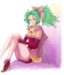 blue_eyes breasts cape cleavage detached_sleeves dress earrings final_fantasy final_fantasy_vi flat_chest green_hair hair_ornament jewelry long_hair necklace pantyhose ponytail solo thigh-highs tina_branford 
