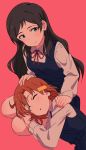 2girls bare_legs black_hair closed_eyes closed_mouth dress hand_on_another&#039;s_head hand_on_another&#039;s_shoulder highres idolmaster idolmaster_million_live! kitazawa_shiho lap_pillow long_hair looking_to_the_side multiple_girls open_mouth orange_hair red10 red_background school_uniform short_hair sleeping sleeping_on_person thighs yabuki_kana yellow_eyes 