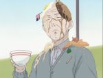 cap flag food food_on_face ichigo_mashimaro old_man screencap solo teacup 
