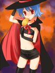  bandeau_bikini black_thighhighs blue_hair bow bunny_(trickster) candy cape flat_chest gloves halloween hat licking lollipop midriff red_eyes ribbon ribbons shaped_lollipop short_hair short_shorts shorts tanuki_neiri thigh-highs thighhighs trickster witch_hat 