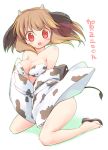  2009 akeome bare_shoulders bikini blush breasts brown_hair cleavage cow_ears cow_print cow_tail emurin japanese_clothes kimono kneeling original red_eyes swimsuit tail translated 