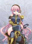  :q boots breasts crossed_legs detached_sleeves headphones highres large_breasts long_hair megurine_luka pico_(picollector79) pink_hair sitting thigh-highs thighhighs tongue very_long_hair vocaloid whip 