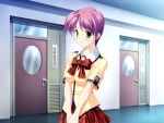  game_cg green_eyes hallway hands_clasped impossible_clothes impossible_shirt pink_hair plaid school_uniform shirt short_hair source_request tachi-e tartan 