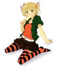  blonde_hair caboya flat_chest hair_ribbon hair_ribbons marui_mitsuba mitsudo_moe mitsudomoe popsicle ribbon ribbons short_hair skirt striped striped_legwear striped_thighhighs thigh-highs thighhighs twintails yellow_eyes zettai_ryouiki 