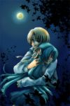  green_hair higurashi_no_naku_koro_ni houjou_satoshi hug long_hair moon school_uniform short_hair sonozaki_shion 