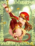  bare_shoulders barefoot brown_eyes brown_hair character_request elbow_gloves feet genderswap gloves journey_to_the_west kiazee leg_lift monkey_ears monkey_tail personification smile soles solo sun_wukong tail thigh-highs thighhighs toeless_socks wink 