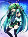  detached_sleeves green_eyes green_hair hands hatsune_miku headset koai long_hair necktie outstretched_arm outstretched_hand reaching skirt thigh-highs thighhighs twintails very_long_hair vocaloid 
