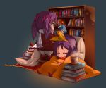  book bookshelf cake chibi cup food glow glowing hiiragi_kagami hiiragi_tsukasa lucky_star mug pastry pillow pillows purple_hair scarf shoushiki sleeping socks 
