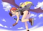  bicycle boots bottomless cloud clouds flying gloves headset leather legs looking_back machine one-piece_swimsuit orange_bullet red_eyes red_hair redhead salute sky strap straps swimsuit swimsuit_under_clothes wave waving wings 