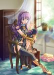  bare_shoulders blue_eyes boots cat detached_sleeves headset highres knee_boots long_hair megurine_luka pico_(picollector79) purple_hair sitting thigh-highs thighhighs tsurime vocaloid wave waving window 
