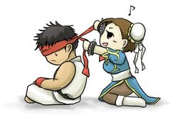  chibi chun-li headband lowres musical_note pantyhose ryu ryuu_(street_fighter) street_fighter tying 