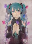  aqua_hair bad_id butterflies butterfly detached_sleeves hands hatsune_miku headset kotetsu_(popeethe) long_hair necktie twintails vocaloid 