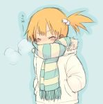  blush breath closed_eyes coat cold gym_leader kasumi_(pokemon) lowres orange_hair pokemon scarf short_hair side_ponytail solo striped striped_scarf translated 