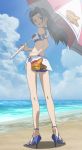  beach blue_hair brown_eyes cap high_heels highres idolmaster idolmaster_xenoglossia legs long_hair looking_back miura_azusa race_queen racequeen screencap shade sky solo stitched umbrella 