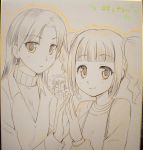  akizuki_ritsuko bad_id couple idolmaster kisaragi_chihaya monochrome multiple_girls otsumami shikishi sketch smile takatsuki_yayoi traditional_media translated twintails yellow yuri 