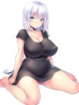  1girl barefoot blue_eyes blush breasts chains cleavage collar curvy dress erect_nipples highres huge_breasts looking_at_viewer original short_dress short_hair silver_hair simple_background sitting solo thick_thighs tsukumiya_amane wariza white_background 