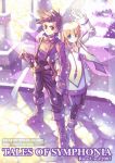  1girl blonde_hair blue_eyes boots brown_eyes brown_hair colette_brunel couple gloves lloyd_irving long_hair pantyhose snow sword tales_of_(series) tales_of_symphonia title_drop usui_rina weapon wings 